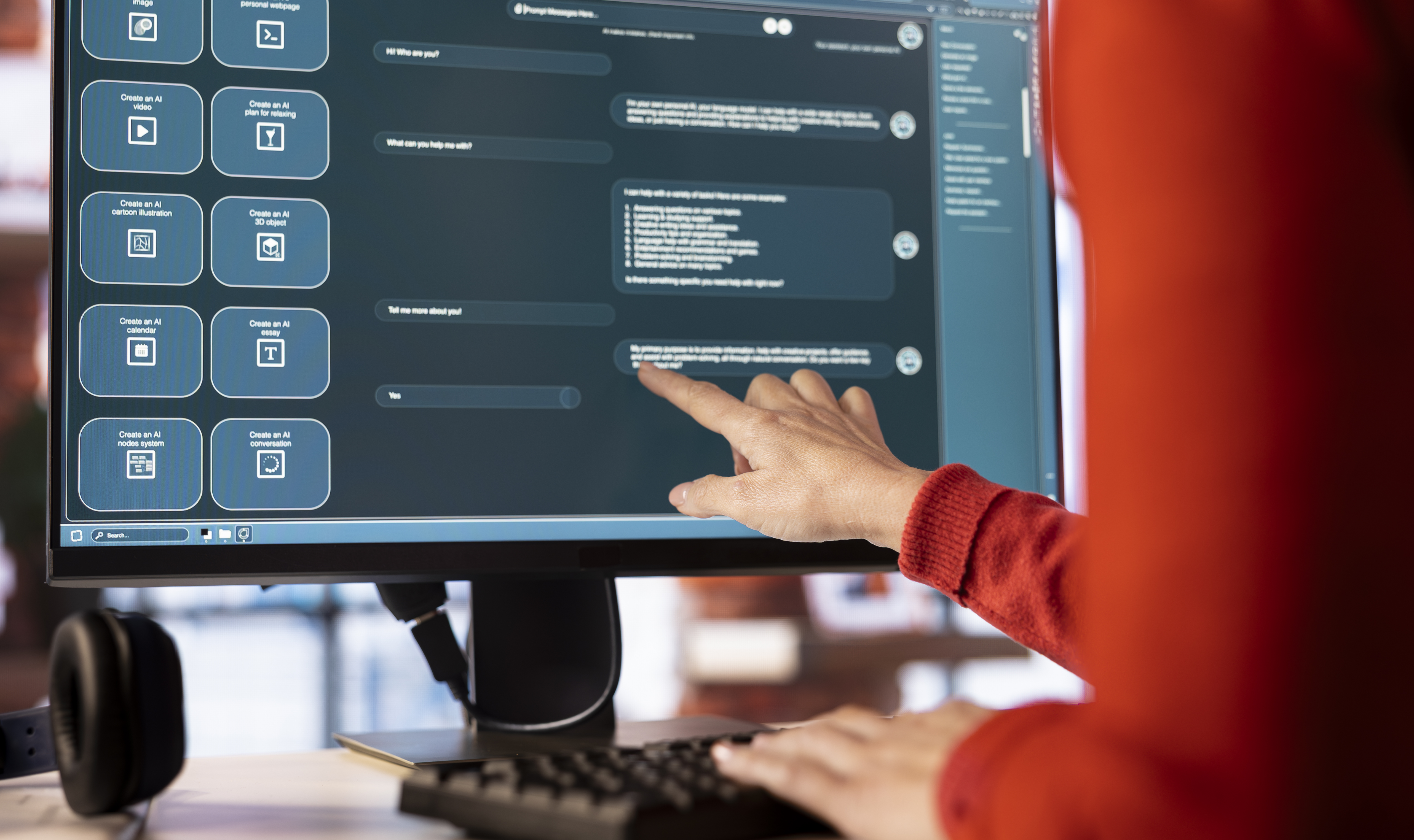 Woman uses AI chatbot system on a computer to guide her through tasks